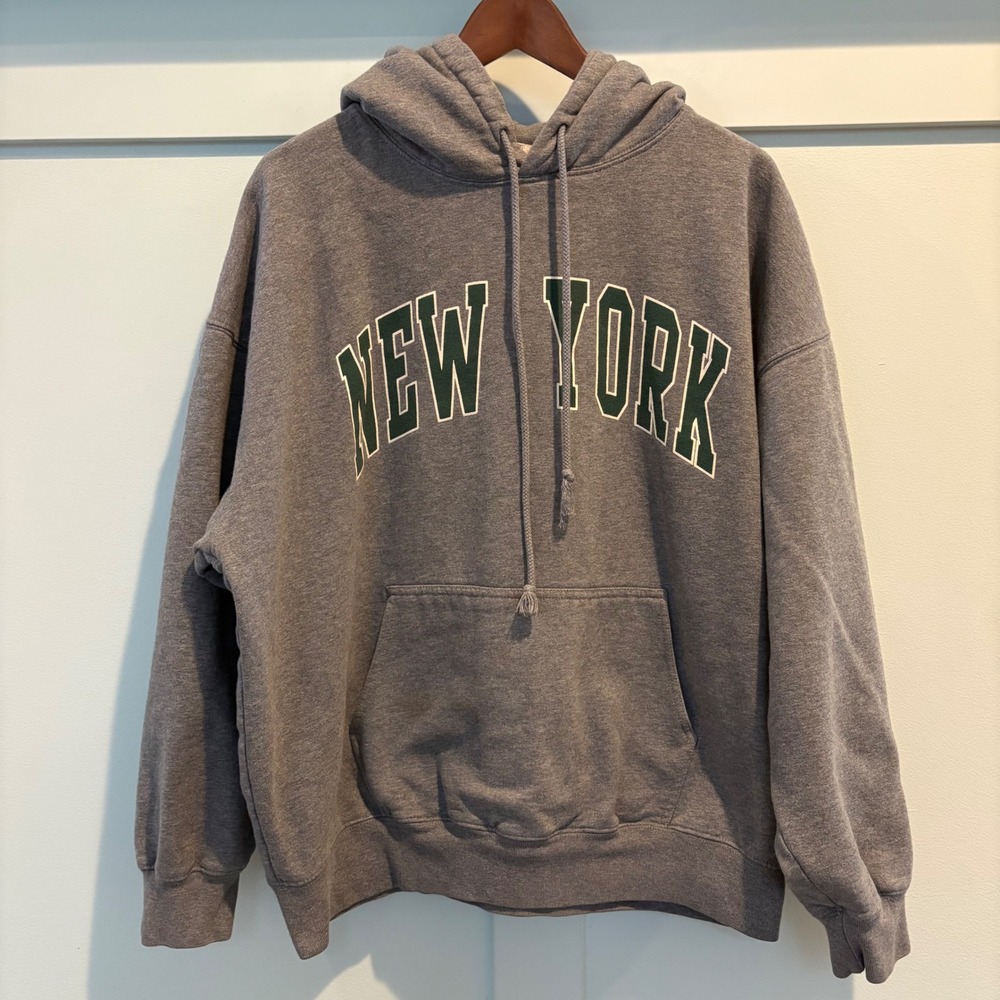 John Galt Hoodie Womens One Size Gray New York Graphic Hooded Pullover Fleece